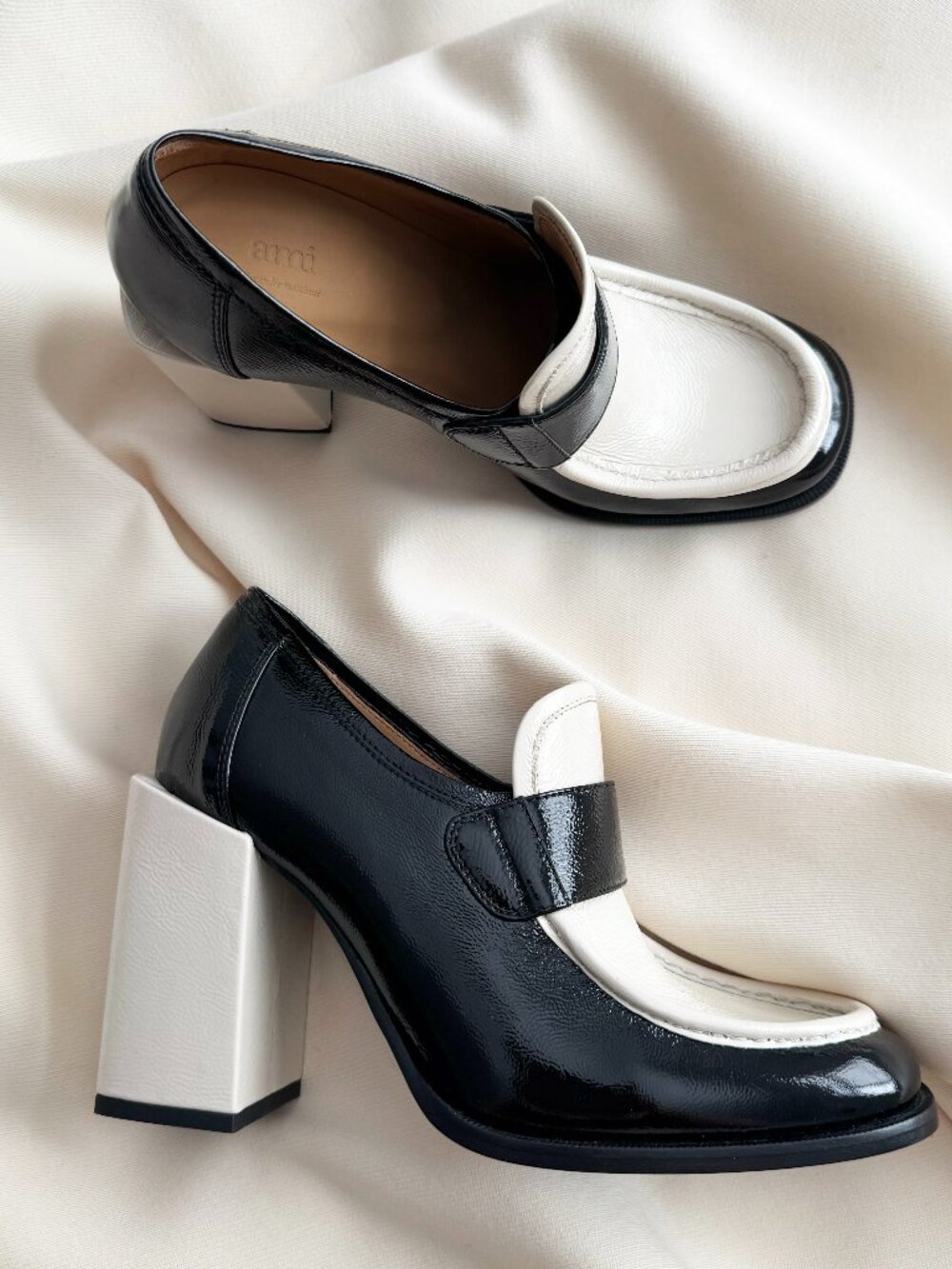 Ami Paris High Heel Patent Loafers in Black/Ivory, size 40 (fits 9)